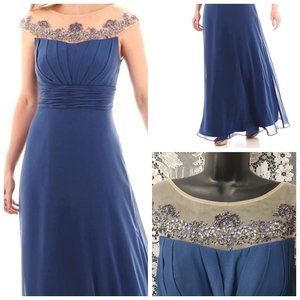 New Women's 8 Blue Formal Gown Long Event Dress Beaded Illusion Top